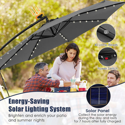 10 Feet Solar Offset Hanging Umbrella with 40 Lamp Beads and Solar Panel-Gray - Tampa Home & Garden Store