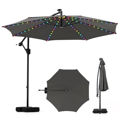 10 Feet Solar Offset Hanging Umbrella with Base and LED Lights-Gray - Tampa Home & Garden Store