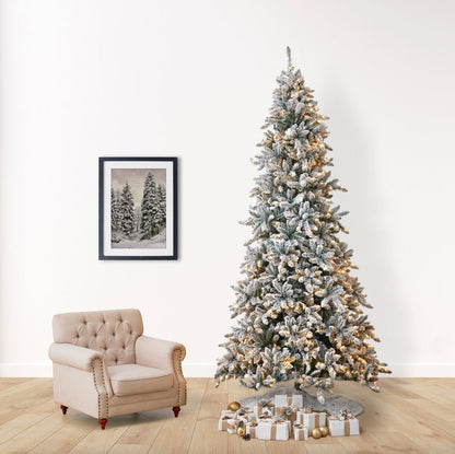 10’ Flocked Livingston Fir Artificial Christmas Tree with Pine Cones, 750 Clear Warm LED Lights and 2424 Bendable Branches - Tampa Home & Garden Store