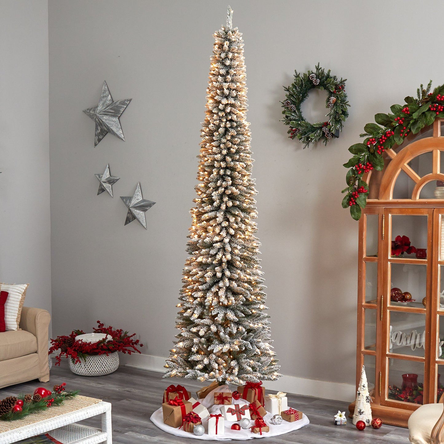 10’ Flocked Pencil Artificial Christmas Tree with 700 Clear Lights and 1145 Bendable Branches - Tampa Home & Garden Store