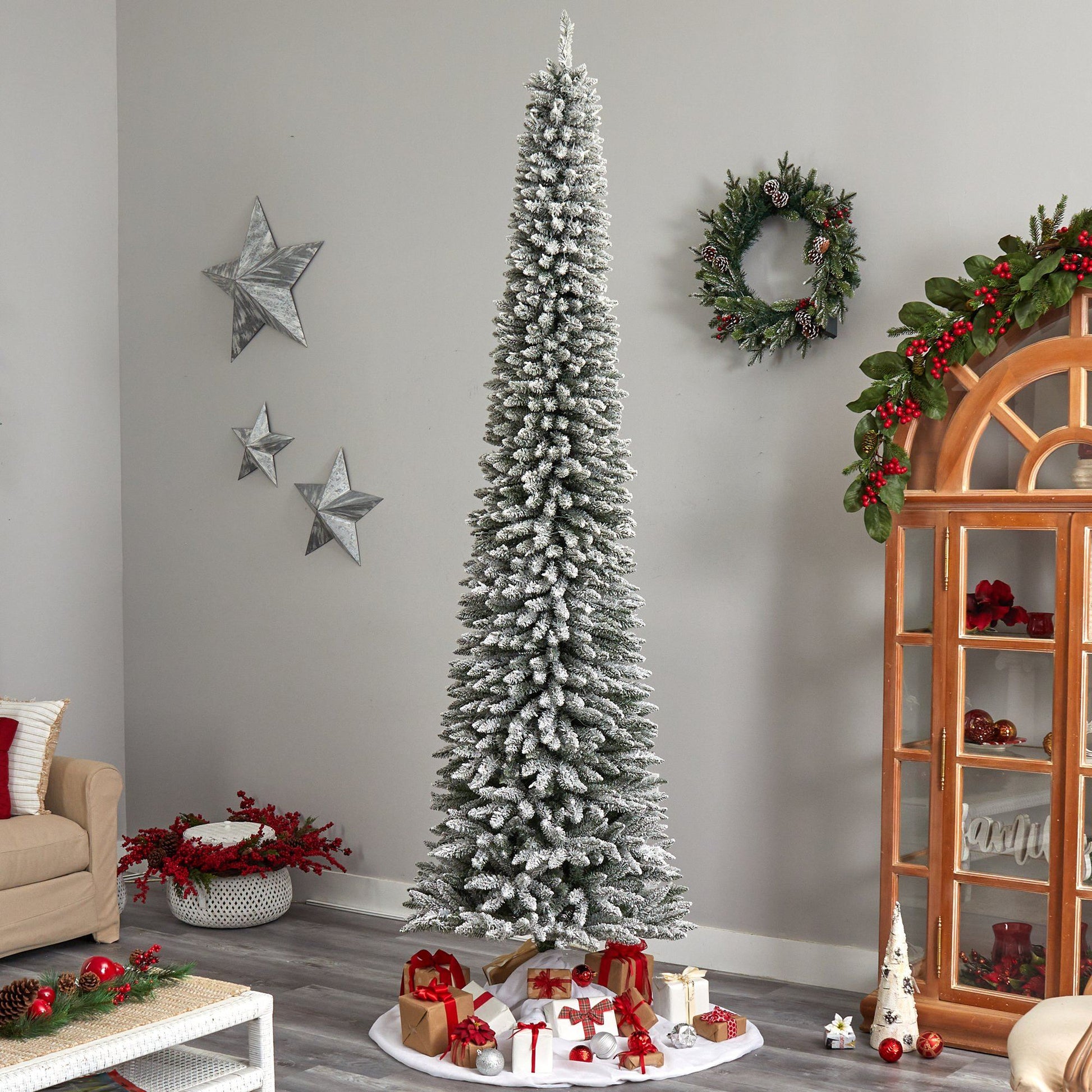 10’ Flocked Pencil Artificial Christmas Tree with 700 Clear Lights and 1145 Bendable Branches - Tampa Home & Garden Store