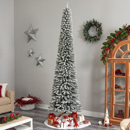 10’ Flocked Pencil Artificial Christmas Tree with 700 Clear Lights and 1145 Bendable Branches - Tampa Home & Garden Store