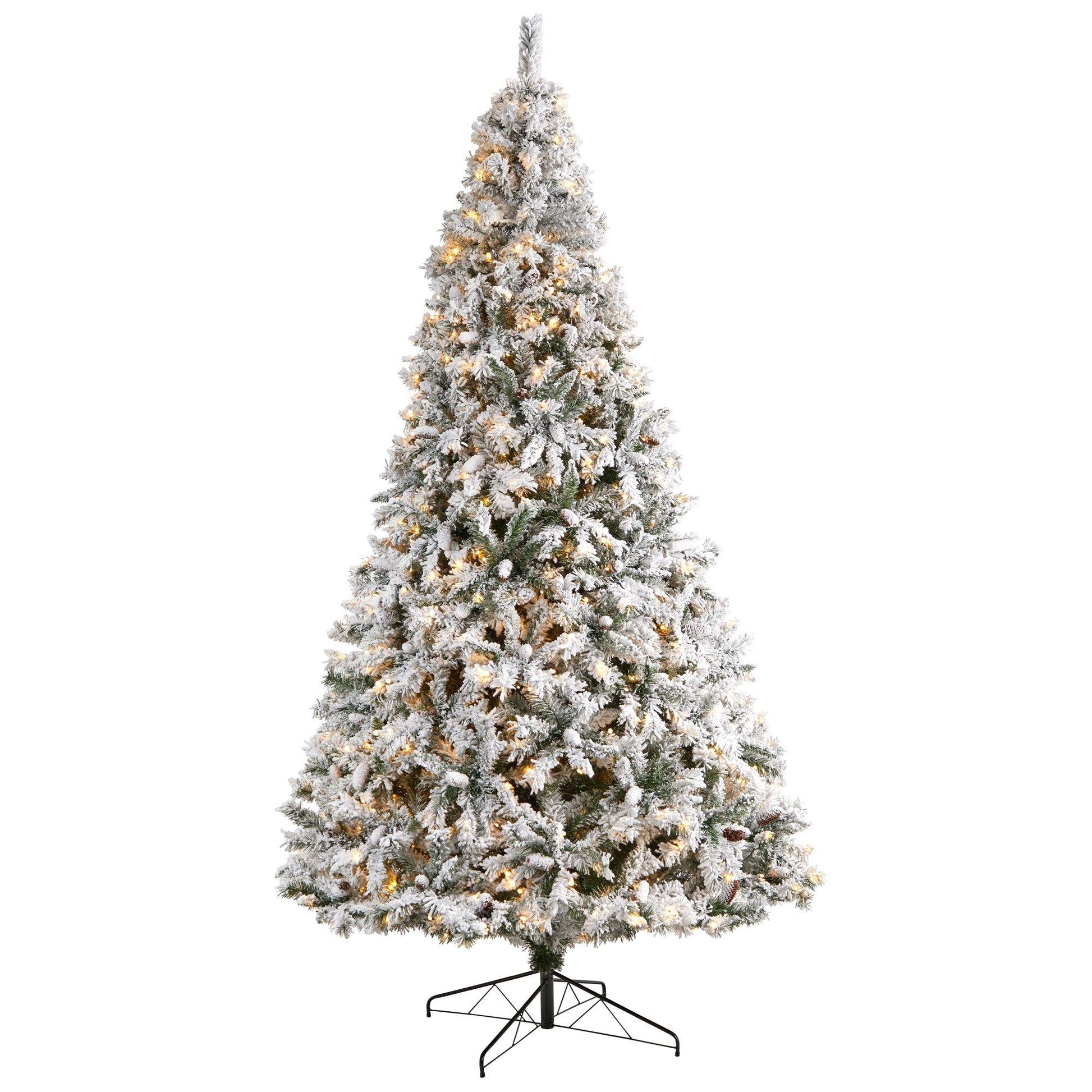 10' Flocked White River Mountain Pine Christmas Tree with Pinecones and 800 Clear LED Lights - Tampa Home & Garden Store