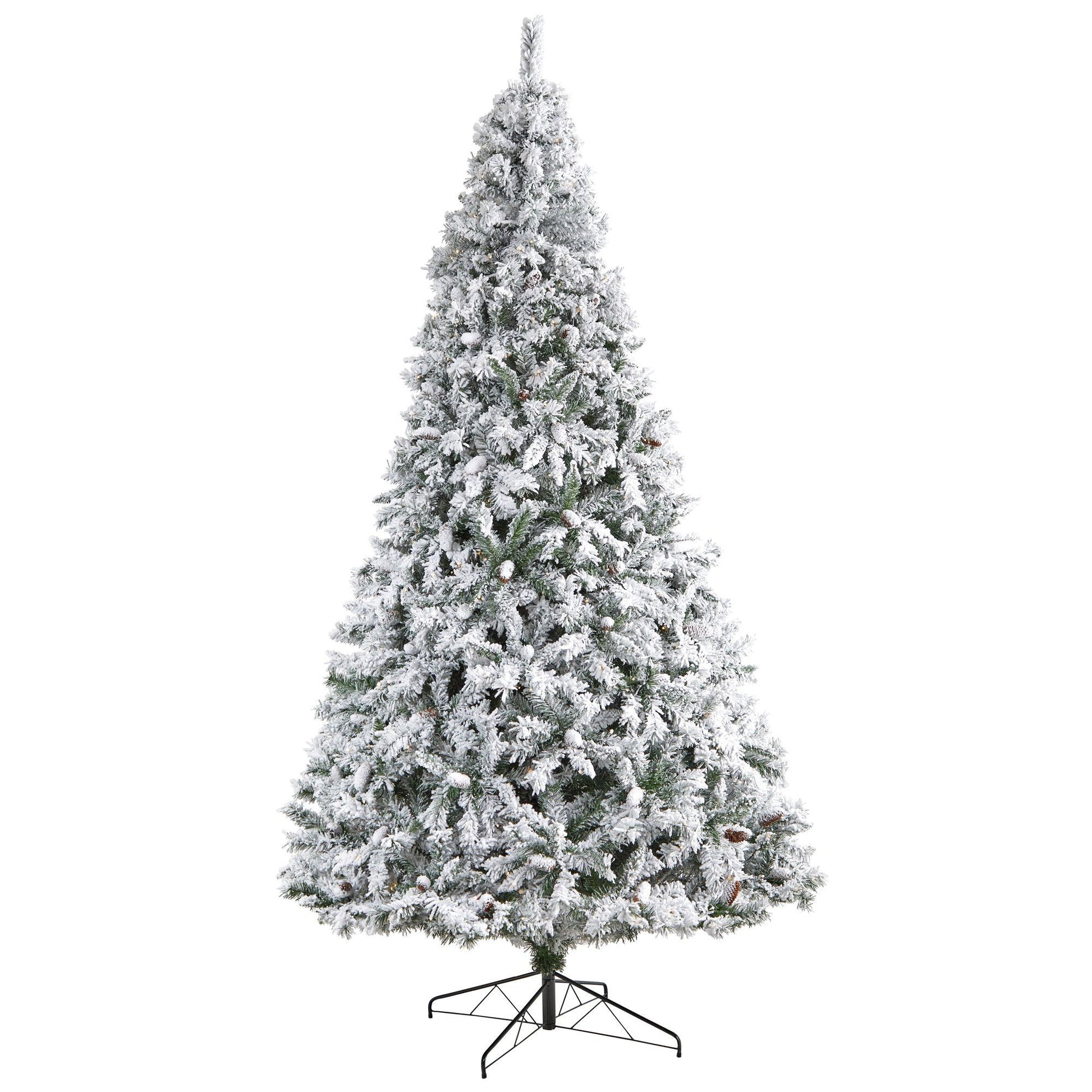 10' Flocked White River Mountain Pine Christmas Tree with Pinecones and 800 Clear LED Lights - Tampa Home & Garden Store