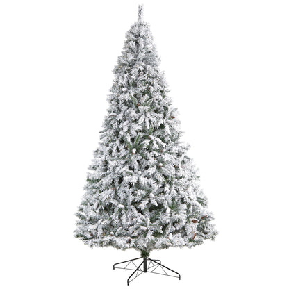 10' Flocked White River Mountain Pine Christmas Tree with Pinecones and 800 Clear LED Lights - Tampa Home & Garden Store