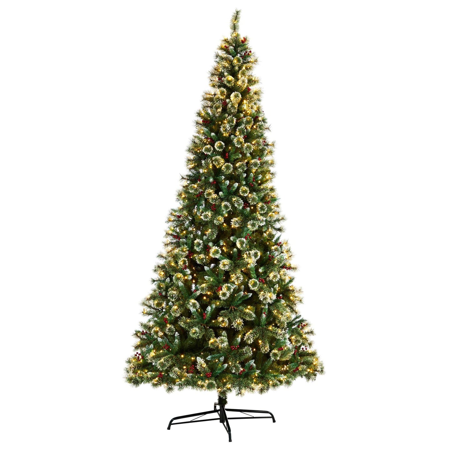 10’ Frosted Swiss Pine Artificial Christmas Tree with 850 Clear LED Lights and Berries - Tampa Home & Garden Store