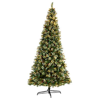 10’ Frosted Swiss Pine Artificial Christmas Tree with 850 Clear LED Lights and Berries - Tampa Home & Garden Store