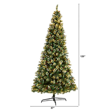 10’ Frosted Swiss Pine Artificial Christmas Tree with 850 Clear LED Lights and Berries - Tampa Home & Garden Store