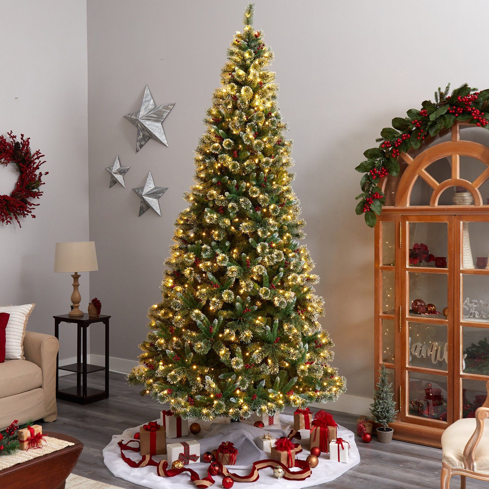 10’ Frosted Swiss Pine Artificial Christmas Tree with 850 Clear LED Lights and Berries - Tampa Home & Garden Store