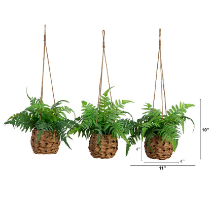 10” UV Resistant Artificial Boston Fern in Hanging Wicker Basket (Indoor/Outdoor) - Set of 3 - Tampa Home & Garden Store