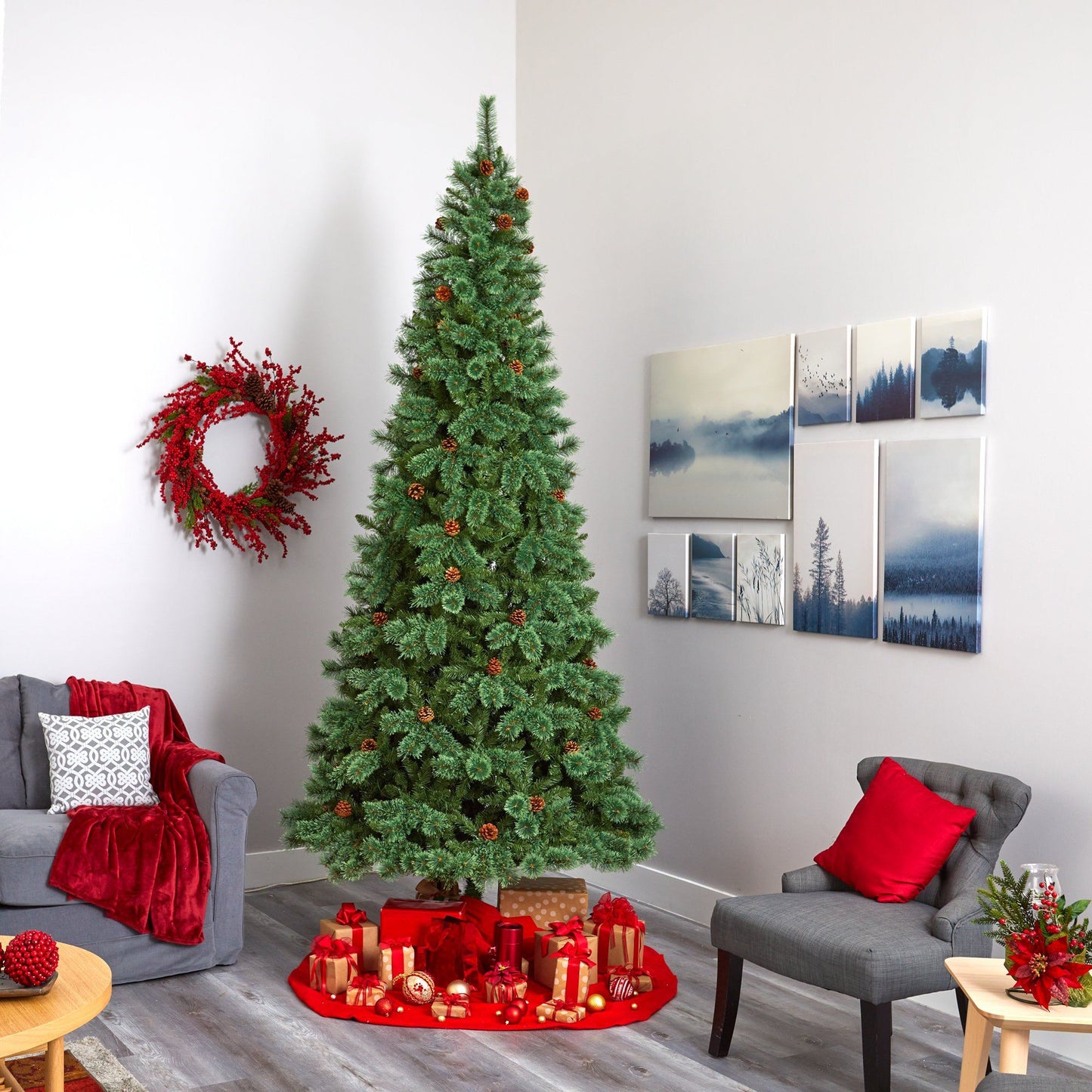 10’ White Mountain Pine Artificial Christmas Tree with 850 Clear LED Lights and Pine Cones - Tampa Home & Garden Store