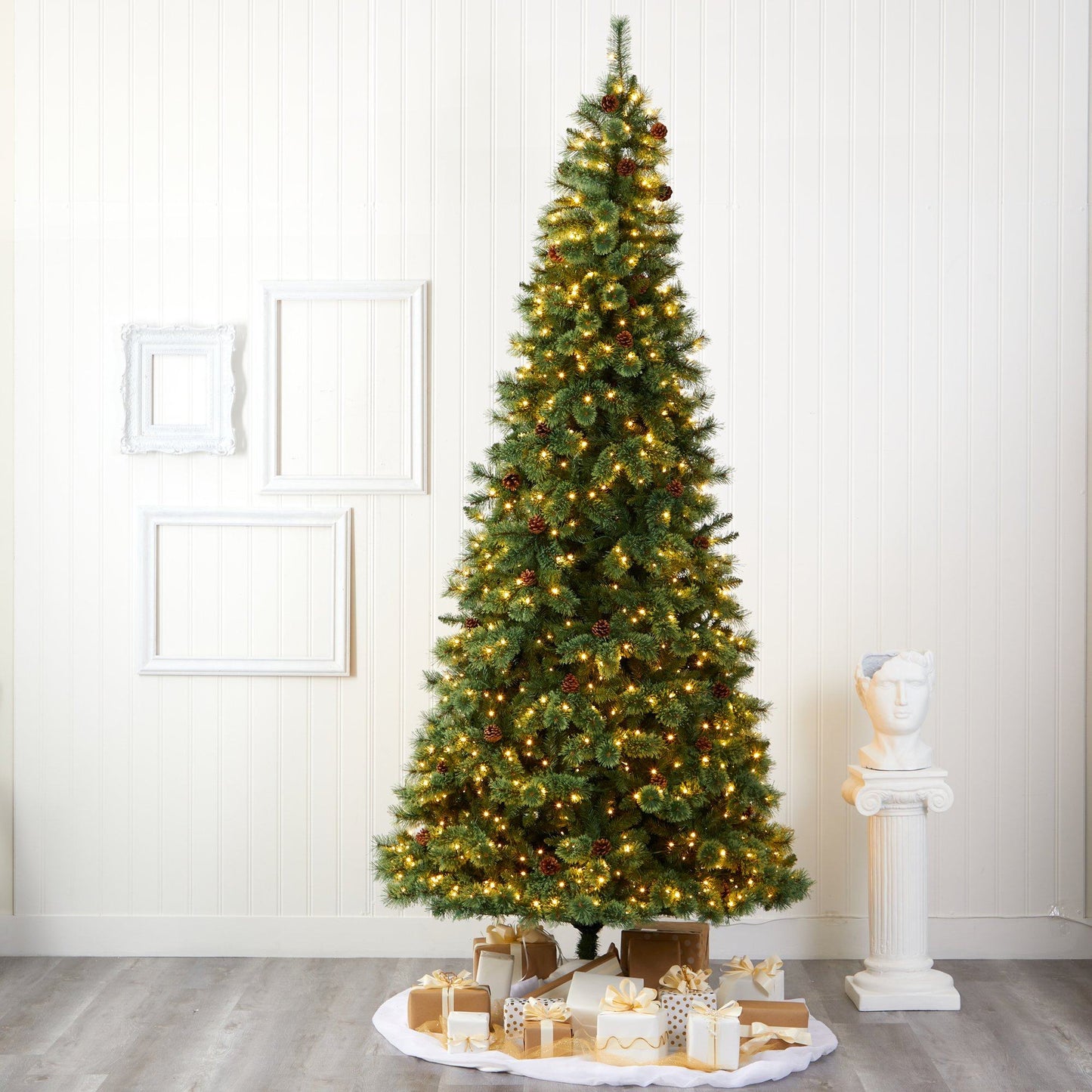10’ White Mountain Pine Artificial Christmas Tree with 850 Clear LED Lights and Pine Cones - Tampa Home & Garden Store