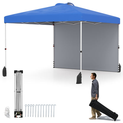 10 X 10 FT Pop up Canopy Tent with 1 Sidewall and Wheeled Bag-Blue - Tampa Home & Garden Store