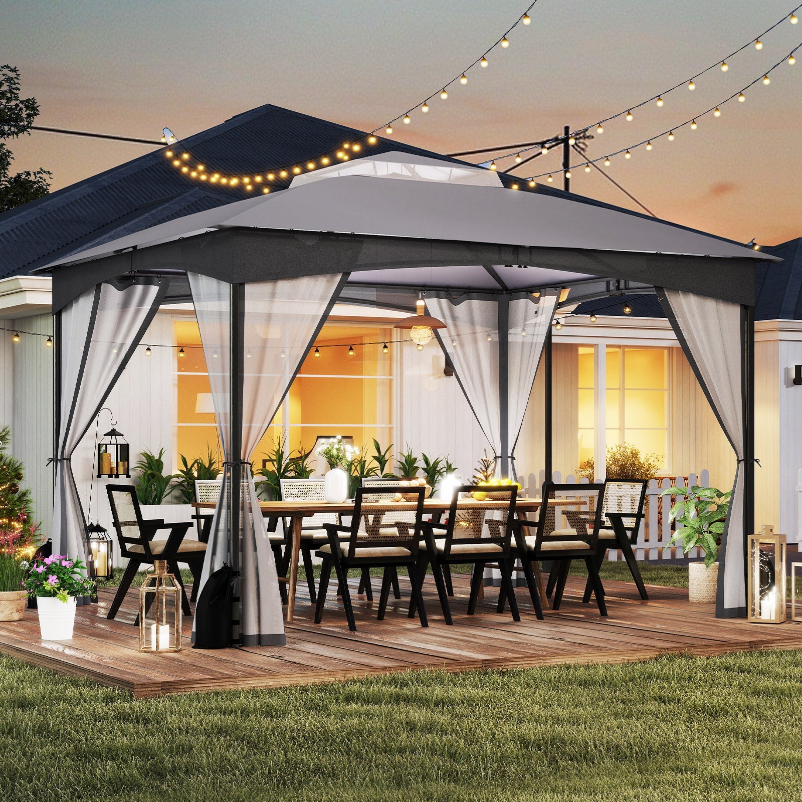 10 X 12 FT Patio Gazebo with Netting Walls with 4 Sandbags-Gray - Tampa Home & Garden Store
