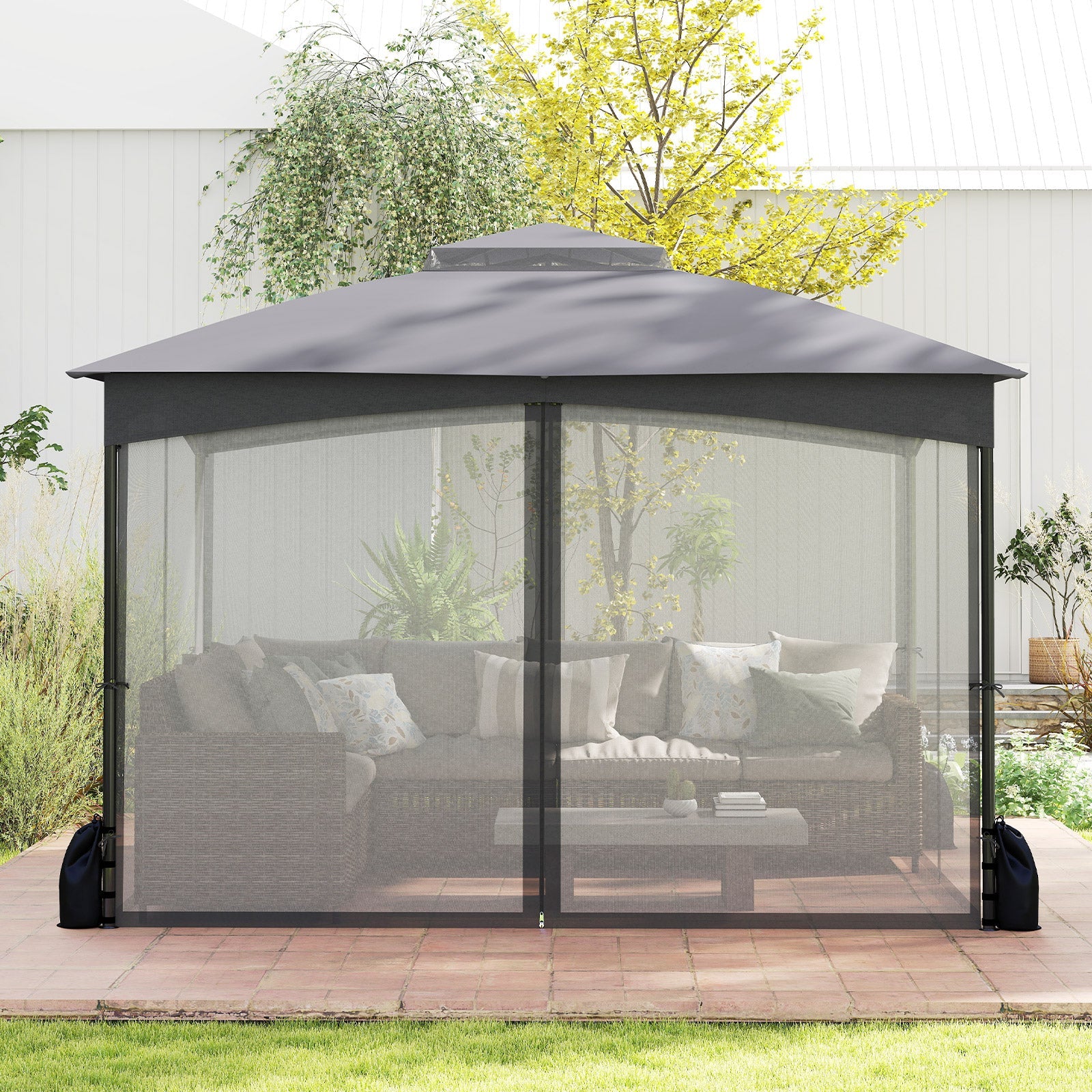 10 X 12 FT Patio Gazebo with Netting Walls with 4 Sandbags-Gray - Tampa Home & Garden Store