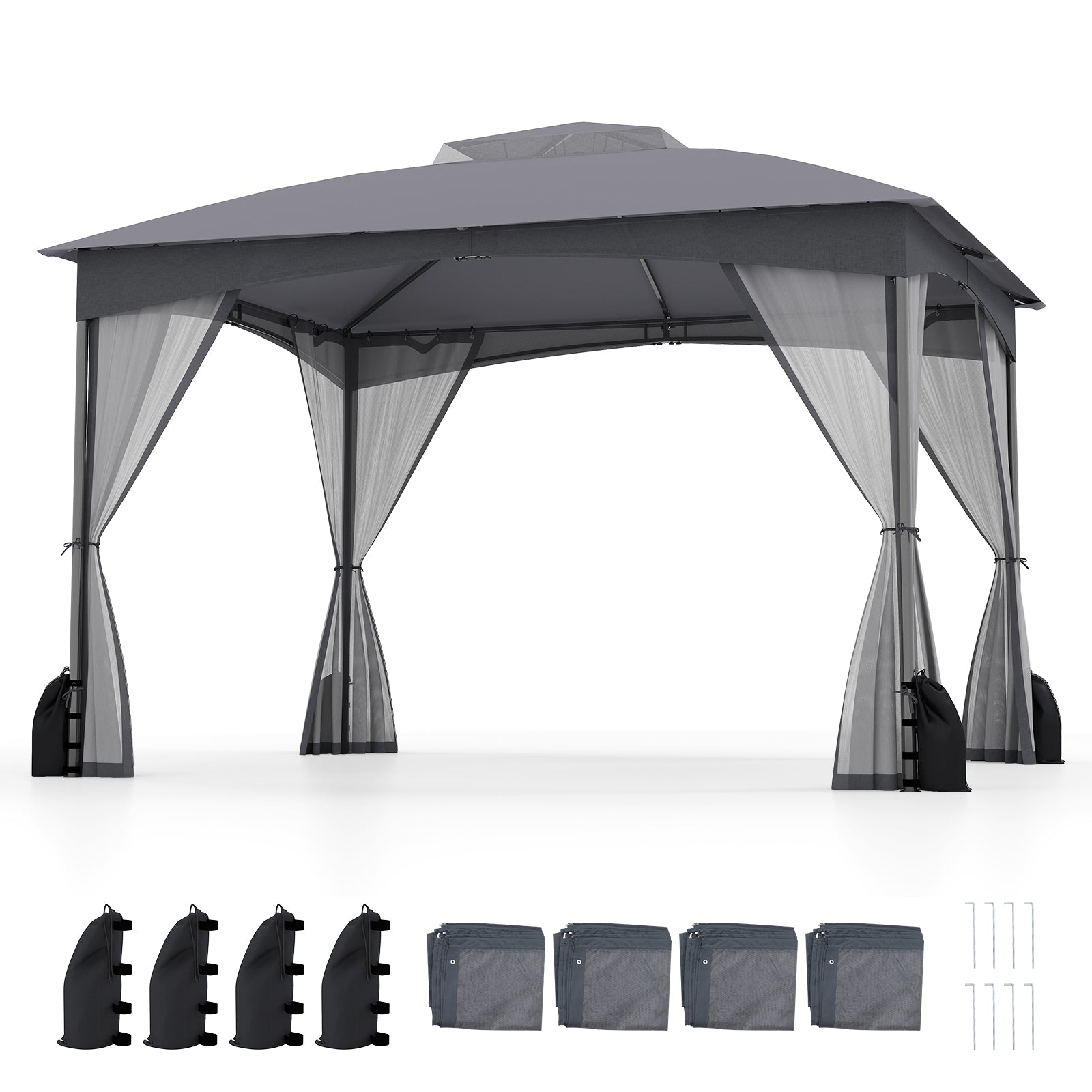 10 X 12 FT Patio Gazebo with Netting Walls with 4 Sandbags-Gray - Tampa Home & Garden Store
