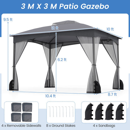 10 X 12 FT Patio Gazebo with Netting Walls with 4 Sandbags-Gray - Tampa Home & Garden Store