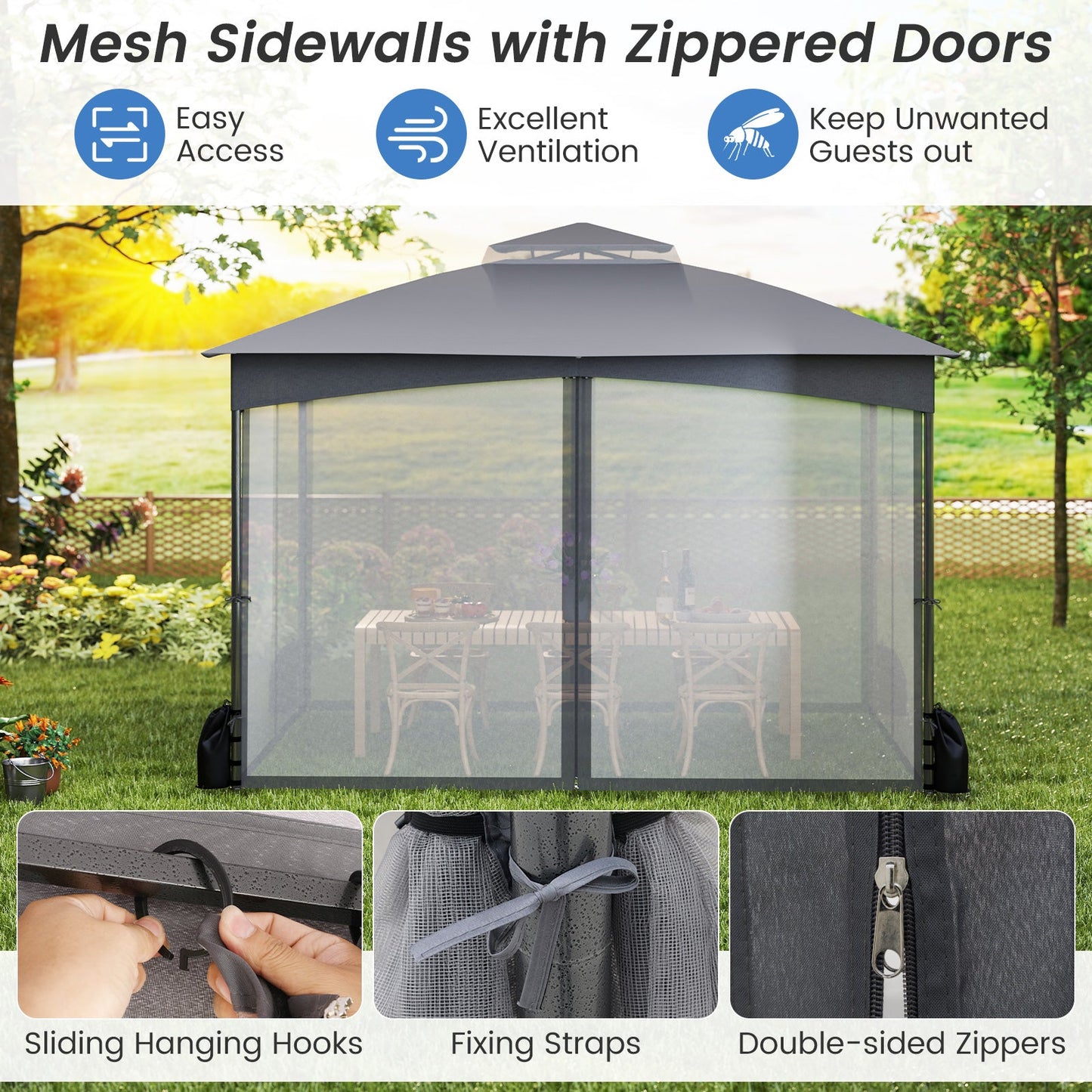 10 X 12 FT Patio Gazebo with Netting Walls with 4 Sandbags-Gray - Tampa Home & Garden Store