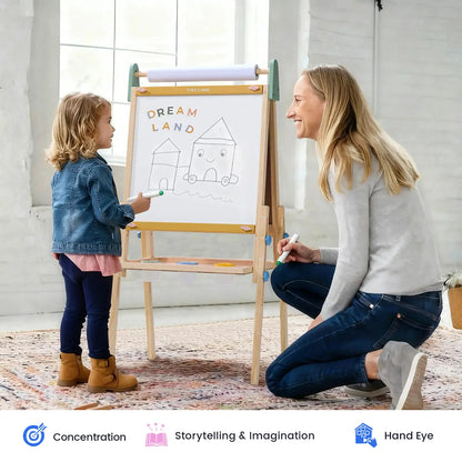 Tiny Land 3-in-1 Kids Easel, wooden art easel with paper roll and colorful clips on Tampa Home & Garden Store