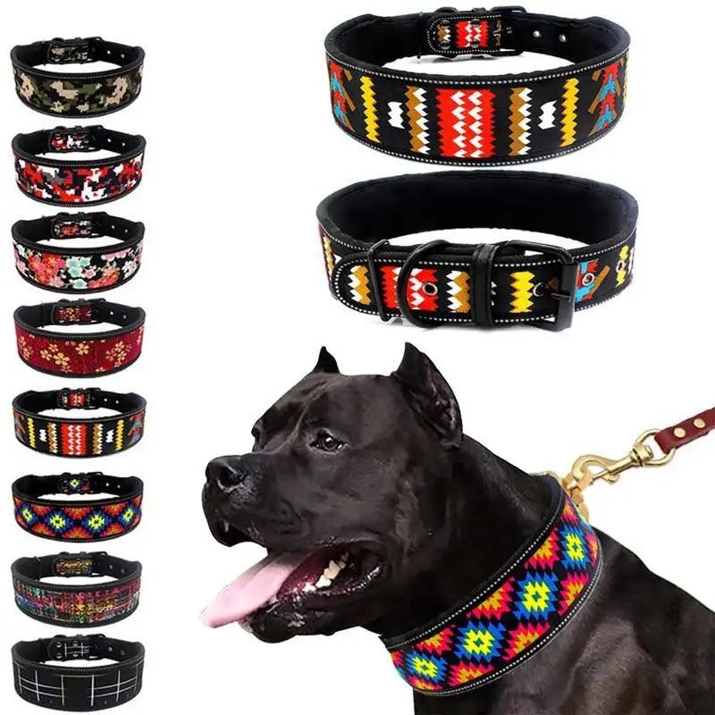 Stevvex 10-color reflective dog collar with buckle; adjustable and tribal geometric patterns on leash on Tampa Home & Garden Store