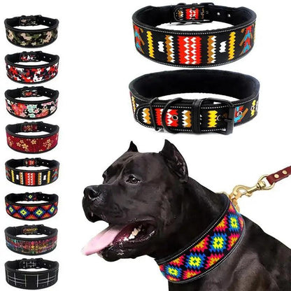 Stevvex 10-color reflective dog collar with buckle; adjustable and tribal geometric patterns on leash on Tampa Home & Garden Store
