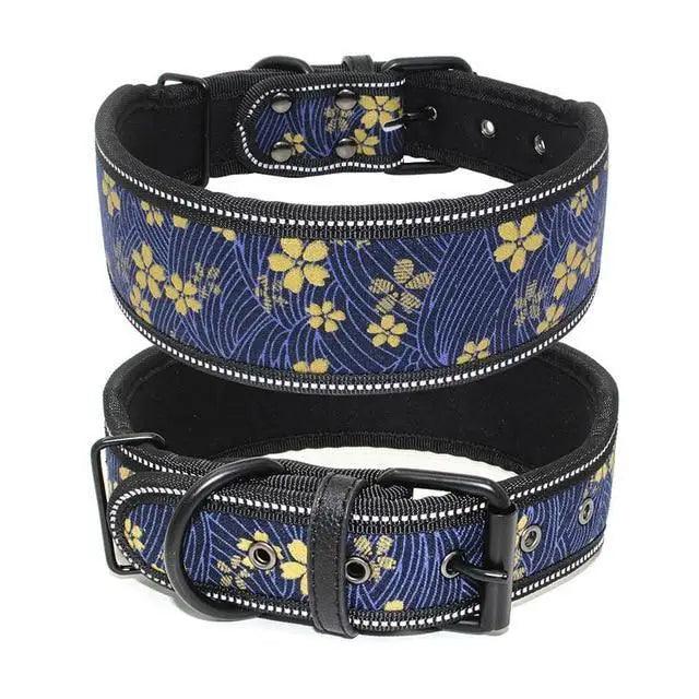 Stevvex reflective dog collar navy floral pattern, adjustable buckle, D-ring, set of 2 on Tampa Home & Garden Store