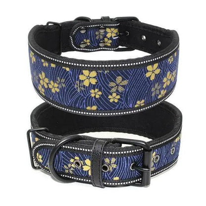 Stevvex reflective dog collar navy floral pattern, adjustable buckle, D-ring, set of 2 on Tampa Home & Garden Store