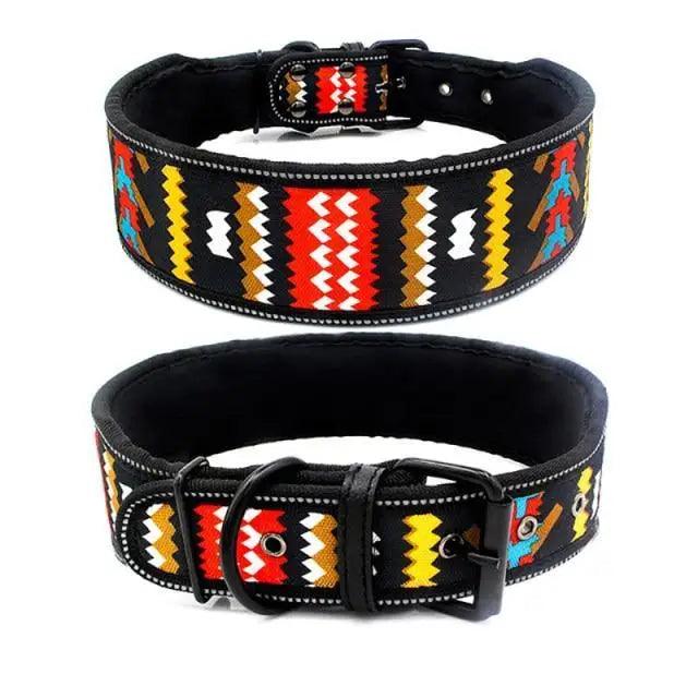 Stevvex dog collars, black base with zigzag 10-color reflective print, adjustable buckle 2-pack on Tampa Home & Garden Store