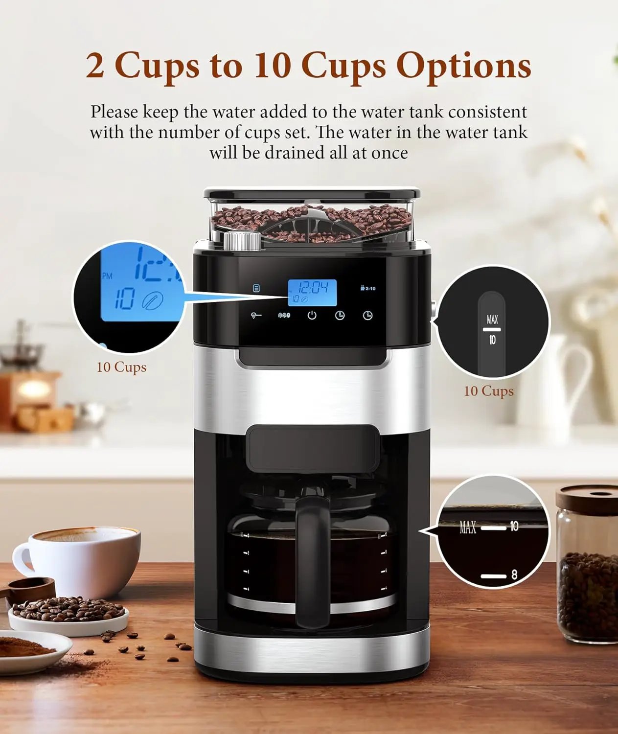 10 Cup Drip Coffee Maker and Built In Grinder