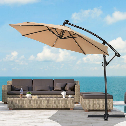 Sombrilla excéntrica LED solar de patio con rotación de 360° y 3 metros, sin base de peso - Beige