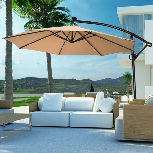 Sombrilla excéntrica LED solar de patio con rotación de 360° y 3 metros, sin base de peso - Beige