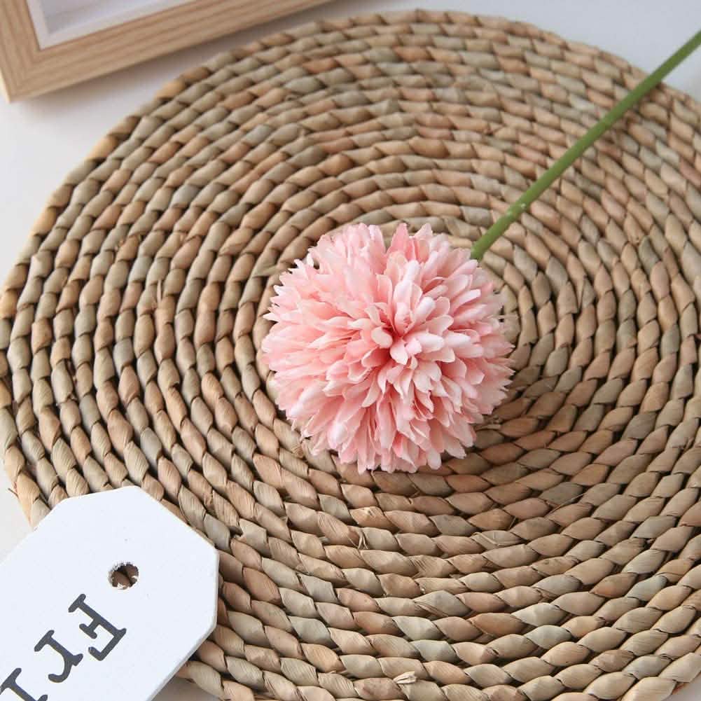 10-Piece artificial chrysanthemum ball bouquet pink petals on green stem on woven placemat on Tampa Home & Garden Store