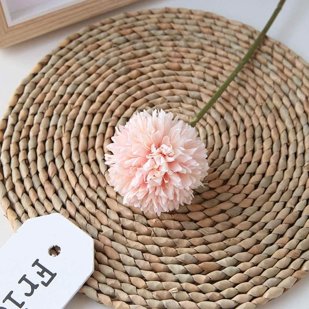 10-Piece artificial chrysanthemum bouquet pink ball flower with green stem on woven placemat on Tampa Home & Garden Store