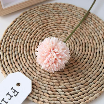 10-Piece artificial chrysanthemum bouquet pink ball flower with green stem on woven placemat on Tampa Home & Garden Store