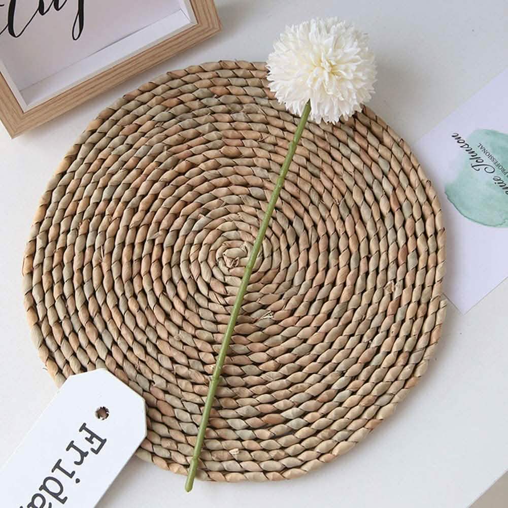 Artificial Chrysanthemum ball flower stem with white bloom on round woven placemat on Tampa Home & Garden Store