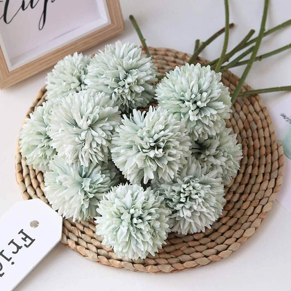 10-Piece artificial chrysanthemum ball bouquet in soft mint green, in a woven basket on Tampa Home & Garden Store