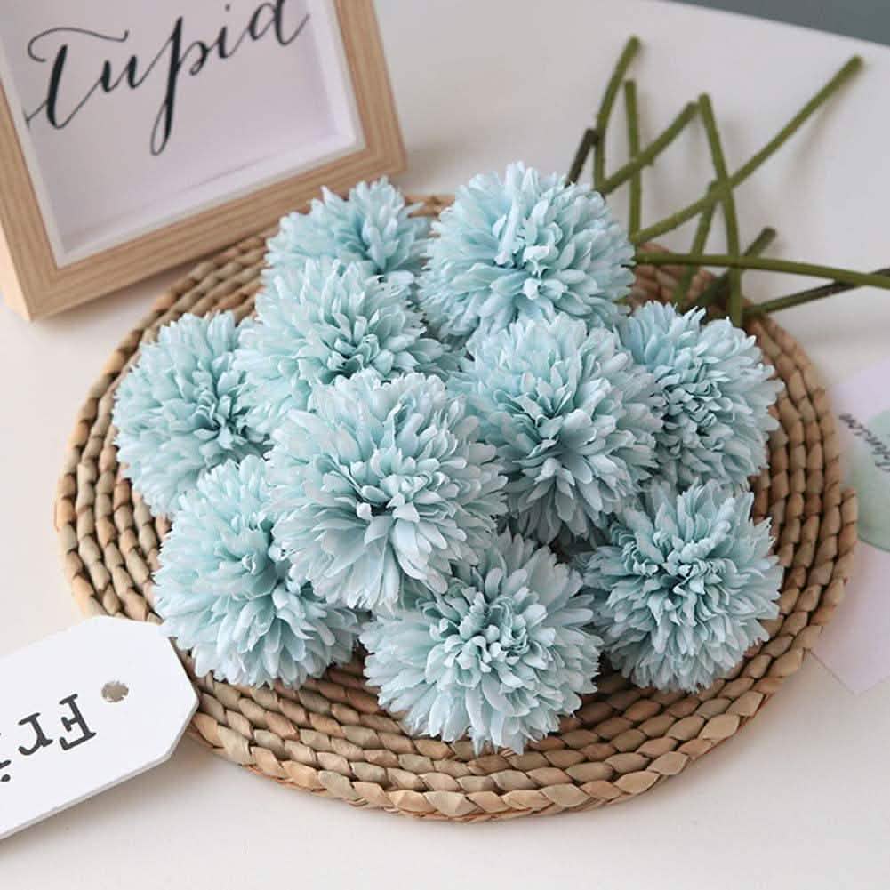 10-piece chrysanthemum ball bouquet by DailySale in pale blue in a woven basket on Tampa Home & Garden Store