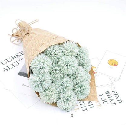 10-Piece artificial chrysanthemum ball bouquet in mint green, wrapped in kraft paper with twine on Tampa Home & Garden Store