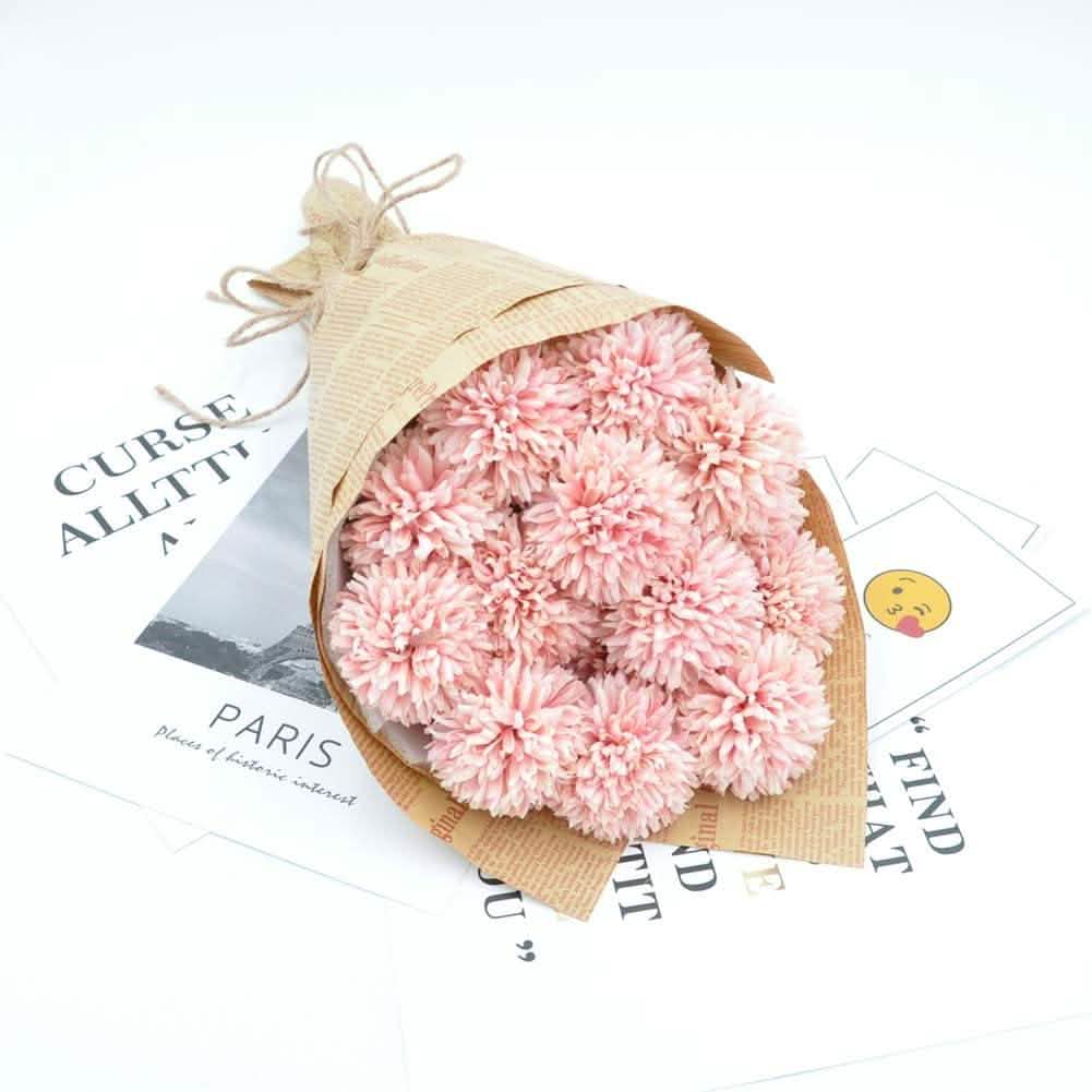 10-Piece artificial Chrysanthemum Ball bouquet pink flowers wrapped in newspaper DailySale on Tampa Home & Garden Store