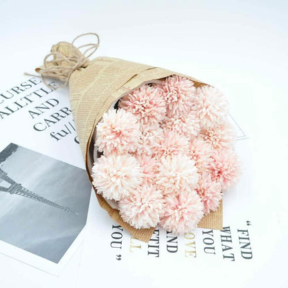 10-Piece artificial chrysanthemum ball bouquet in pale pink wrapped in kraft paper on Tampa Home & Garden Store