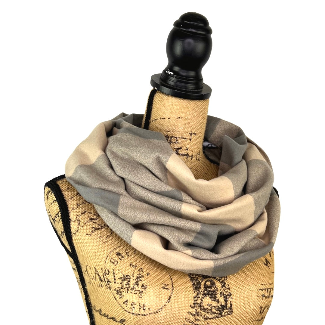100% Organic Cotton Buffalo Plaid Large Block in Latte and Warm Smoky Grey Infinity and Blanket Scarves - Tampa Home & Garden Store