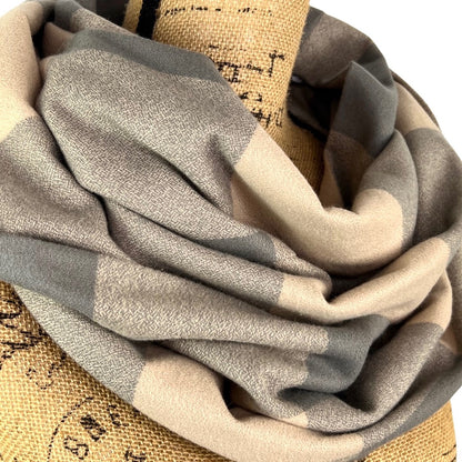 100% Organic Cotton Buffalo Plaid Large Block in Latte and Warm Smoky Grey Infinity and Blanket Scarves - Tampa Home & Garden Store