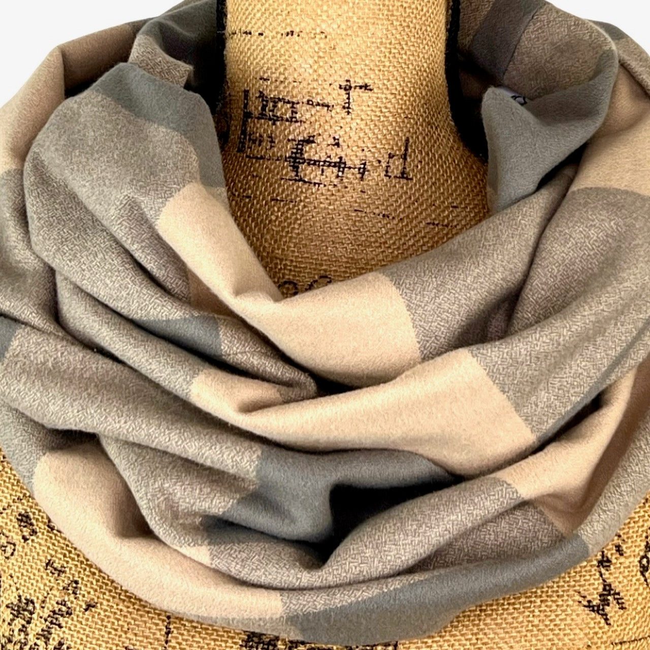 100% Organic Cotton Buffalo Plaid Large Block in Latte and Warm Smoky Grey Infinity and Blanket Scarves - Tampa Home & Garden Store