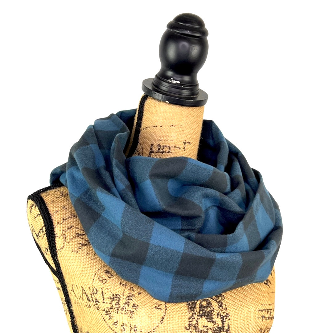 100% Organic Cotton Buffalo Plaid in Ocean Blue and Black Infinity and Blanket Scarves - Tampa Home & Garden Store