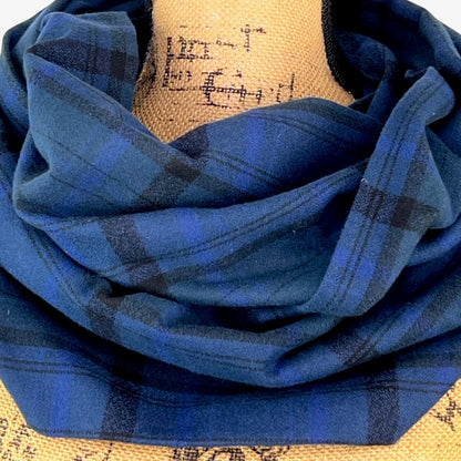 100% Organic Cotton Shades of Deep Navy Blue and Black Plaid Infinity and Blanket Scarves - Tampa Home & Garden Store