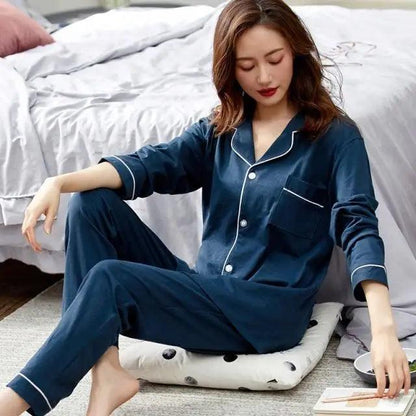 Stevvex cotton pajama set navy long-sleeve button-front top with piping wide-leg pants on Tampa Home & Garden Store