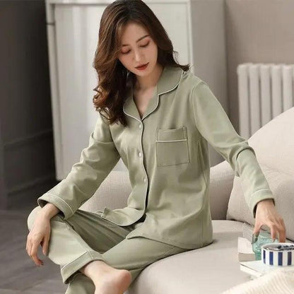 Women's pajama set Stevvex sage green cotton, button-down with pocket, long sleeves on Tampa Home & Garden Store
