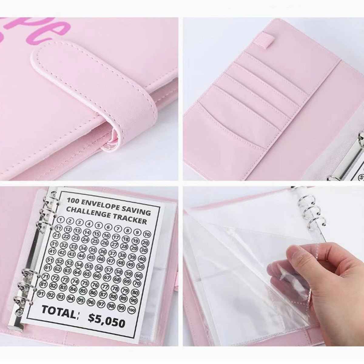 Pink 100 Envelope Saving Challenge Binder with strap and pockets on Tampa Home & Garden Store
