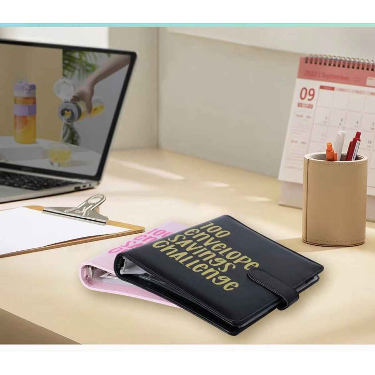 100 Envelope Challenge Binder black leather-style cover and gold lettering on Tampa Home & Garden Store