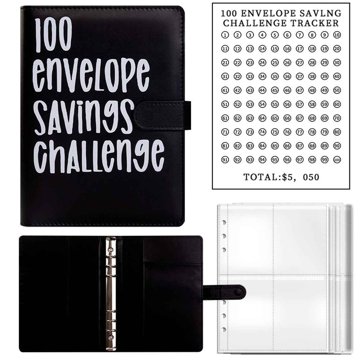 Shaketea 100 Envelope Saving Challenge Binder black faux leather with 100-envelope tracker on Tampa Home & Garden Store